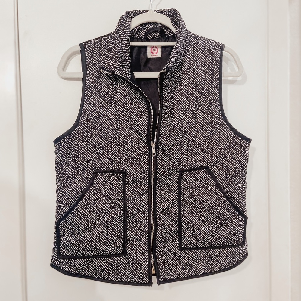 Black and White Herringbone Puffer Vest